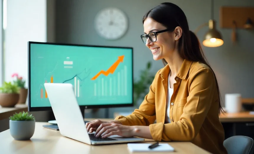 Hybrid career lifestyle 2025 professional working on laptop with dual monitors showing freelance projects and corporate work