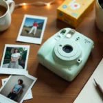 Polaroid instant photography tips camera with scattered photos on wooden table showing 2025 photography trends and analog revival