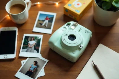 Polaroid instant photography tips camera with scattered photos on wooden table showing 2025 photography trends and analog revival
