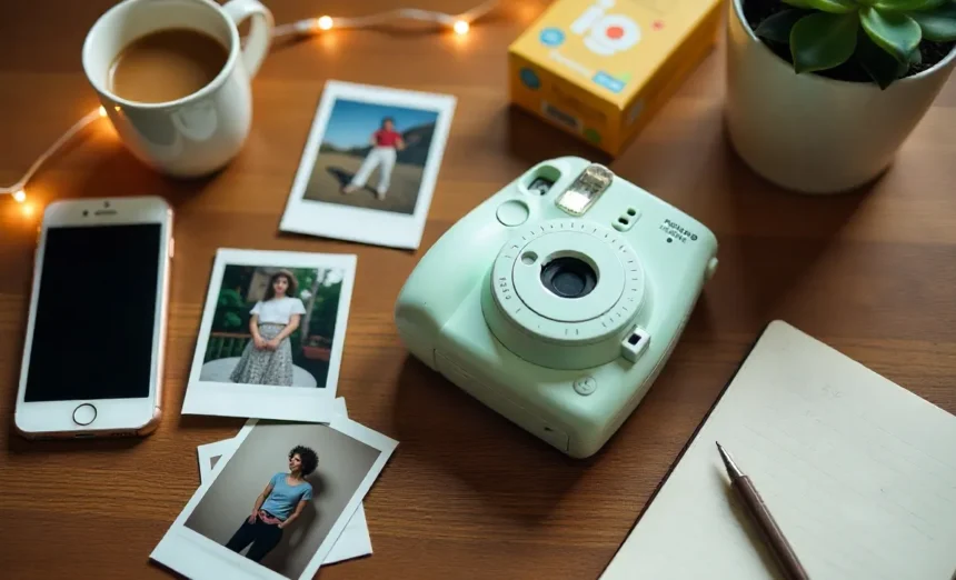 Polaroid instant photography tips camera with scattered photos on wooden table showing 2025 photography trends and analog revival
