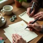People enjoying letter writing hobby with pens, paper, and coffee in warm, cozy setting showing analog creativity