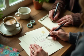 People enjoying letter writing hobby with pens, paper, and coffee in warm, cozy setting showing analog creativity