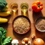 Colorful array of natural gut health foods including leafy greens, oats, bananas, and fermented foods on wooden table
