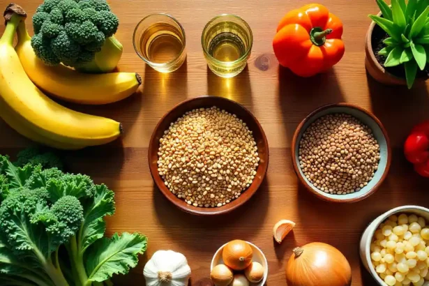 Colorful array of natural gut health foods including leafy greens, oats, bananas, and fermented foods on wooden table