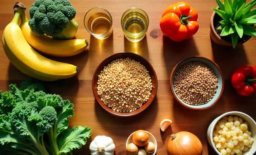 Colorful array of natural gut health foods including leafy greens, oats, bananas, and fermented foods on wooden table