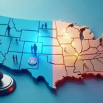 Legal framework illustration for parenting across states featuring courthouse, documents and interstate highway signs