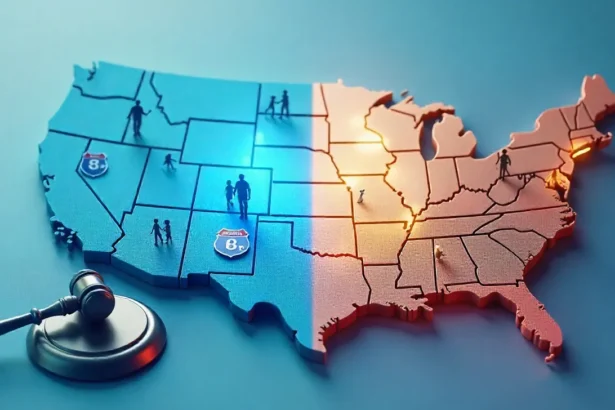 Legal framework illustration for parenting across states featuring courthouse, documents and interstate highway signs