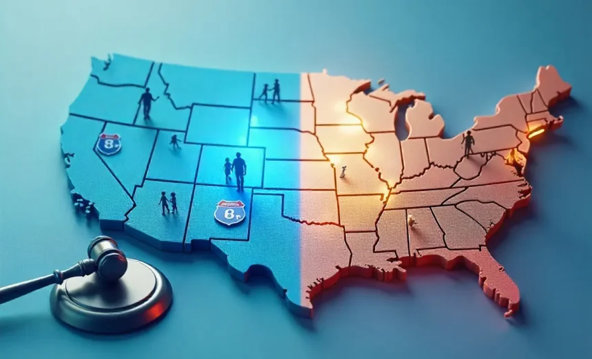 Legal framework illustration for parenting across states featuring courthouse, documents and interstate highway signs