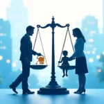 Child custody scale with parents and child silhouettes showing balanced parenting plans decisions in family court 2025