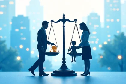 Child custody scale with parents and child silhouettes showing balanced parenting plans decisions in family court 2025