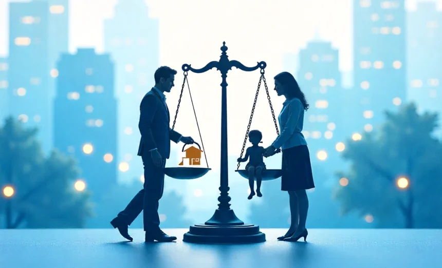 Child custody scale with parents and child silhouettes showing balanced parenting plans decisions in family court 2025