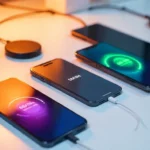 Phone Battery Real Test setup showing multiple flagship smartphones with battery percentages displayed on screens
