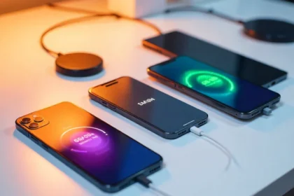 Phone Battery Real Test setup showing multiple flagship smartphones with battery percentages displayed on screens