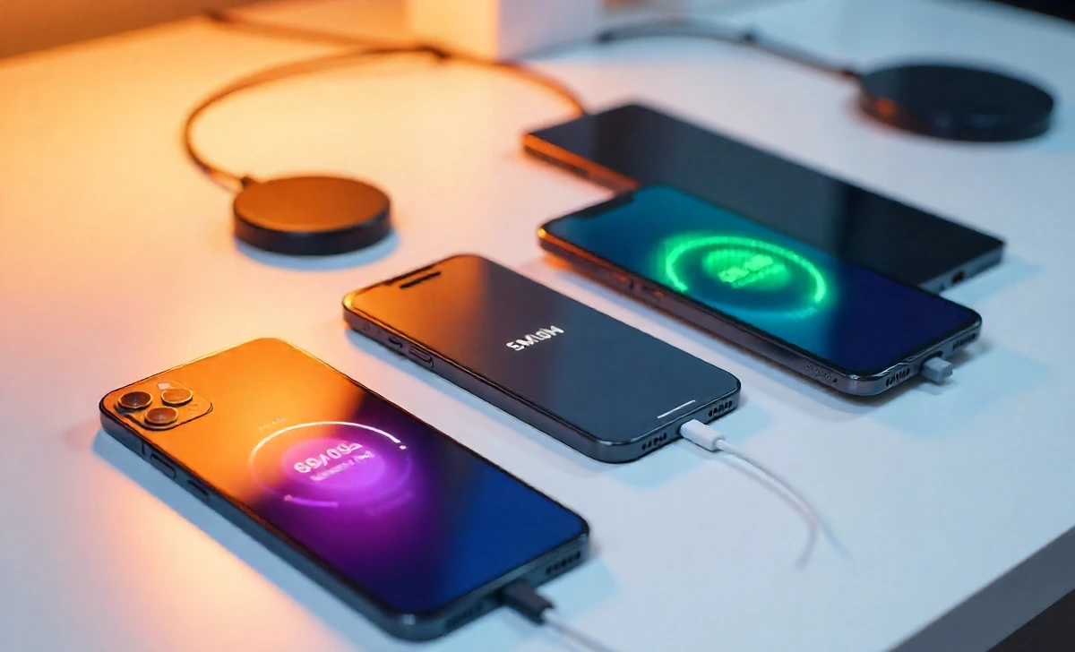 Phone Battery Real Test setup showing multiple flagship smartphones with battery percentages displayed on screens