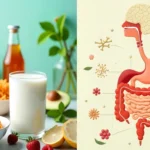 Probiotics benefits foods including yogurt kefir fermented vegetables with healthy gut bacteria illustration wellness