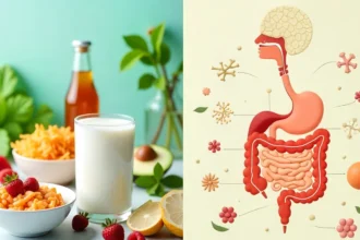 Probiotics benefits foods including yogurt kefir fermented vegetables with healthy gut bacteria illustration wellness