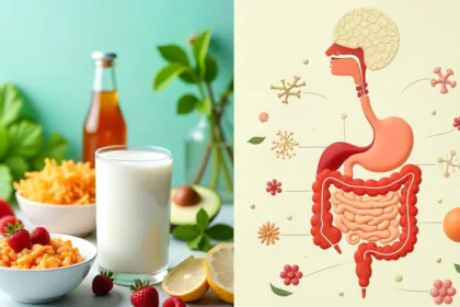 Probiotics benefits foods including yogurt kefir fermented vegetables with healthy gut bacteria illustration wellness