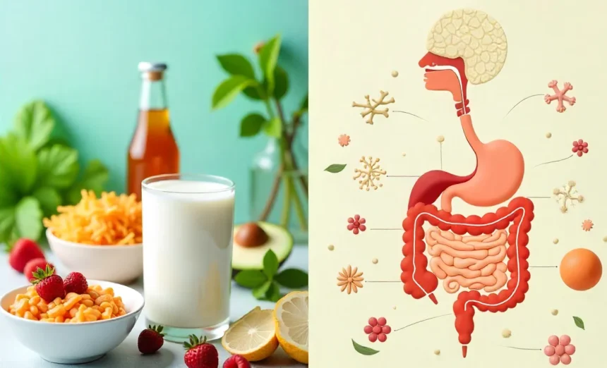 Probiotics benefits foods including yogurt kefir fermented vegetables with healthy gut bacteria illustration wellness