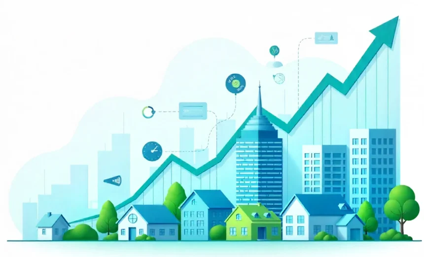 Real estate investing strategies 2025 infographic with charts, properties, and AI-powered market insights visual.