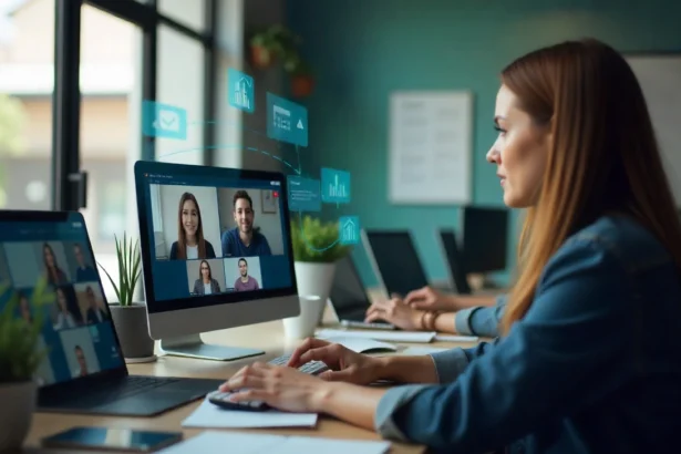 Remote team management guide 2025 - diverse professionals working virtually with collaboration tools and video calls