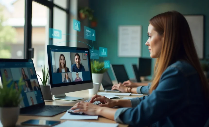 Remote team management guide 2025 - diverse professionals working virtually with collaboration tools and video calls