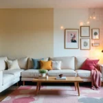 Renter-friendly home decor living room with string lights, wall art, layered rugs & plants for stylish rental transformation