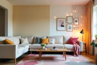 Renter-friendly home decor living room with string lights, wall art, layered rugs & plants for stylish rental transformation