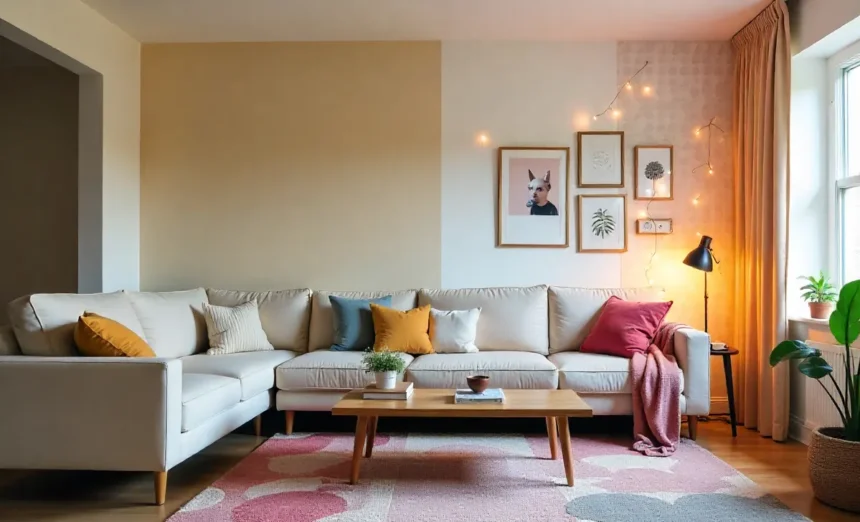Renter-friendly home decor living room with string lights, wall art, layered rugs & plants for stylish rental transformation