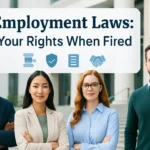 Diverse professionals standing confidently in front of a courthouse, symbolizing rights after being fired in 2025.