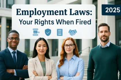 Diverse professionals standing confidently in front of a courthouse, symbolizing rights after being fired in 2025.
