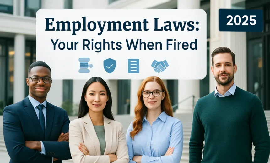 Diverse professionals standing confidently in front of a courthouse, symbolizing rights after being fired in 2025.