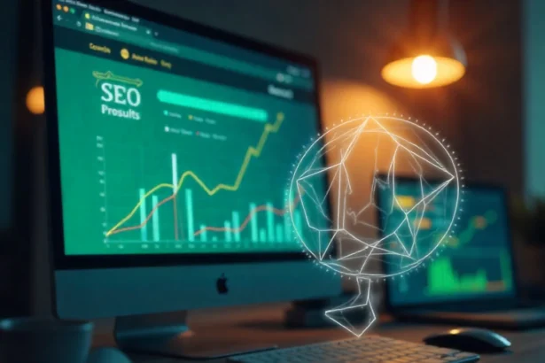 Simple SEO tips 2025 illustration showing search rankings, analytics graphs, and optimization strategies on screens