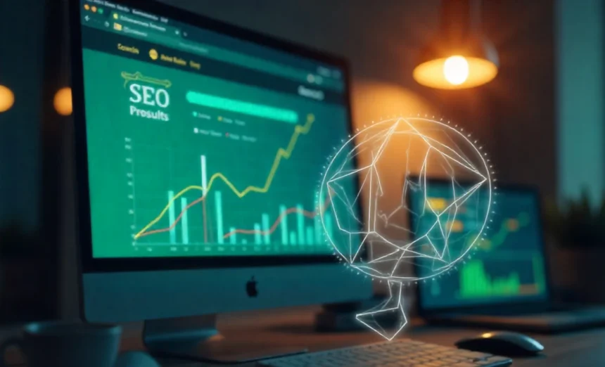Simple SEO tips 2025 illustration showing search rankings, analytics graphs, and optimization strategies on screens