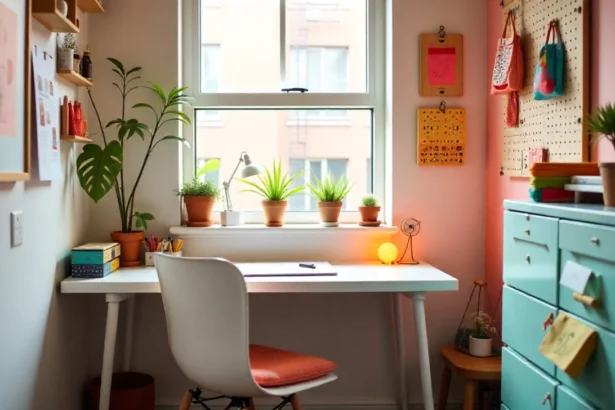 Small space crafting nook in apartment corner with organized supplies, desk, and vertical storage solutions