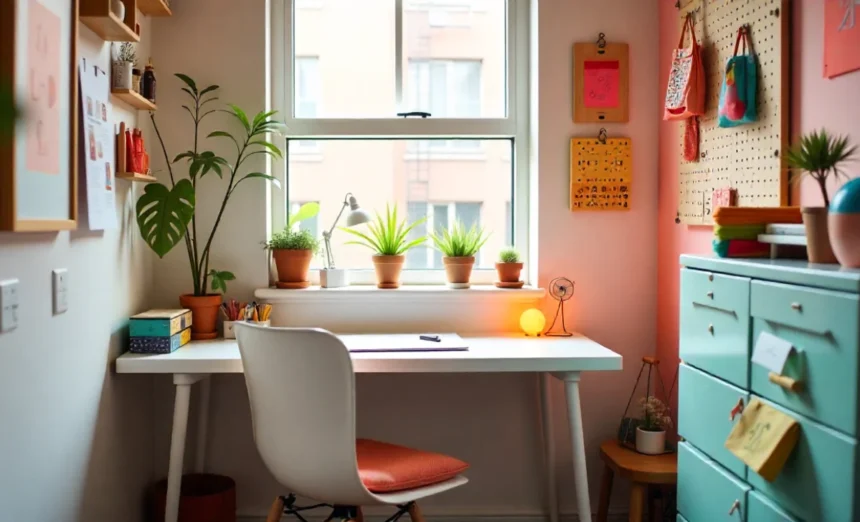 Small space crafting nook in apartment corner with organized supplies, desk, and vertical storage solutions