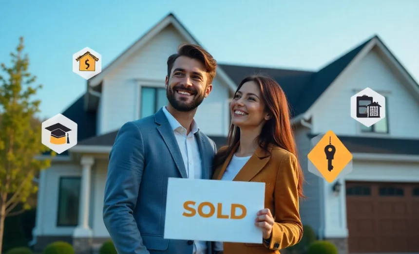 Student loans mortgage approval success - millennials buying first home with graduation cap and house keys in 2025