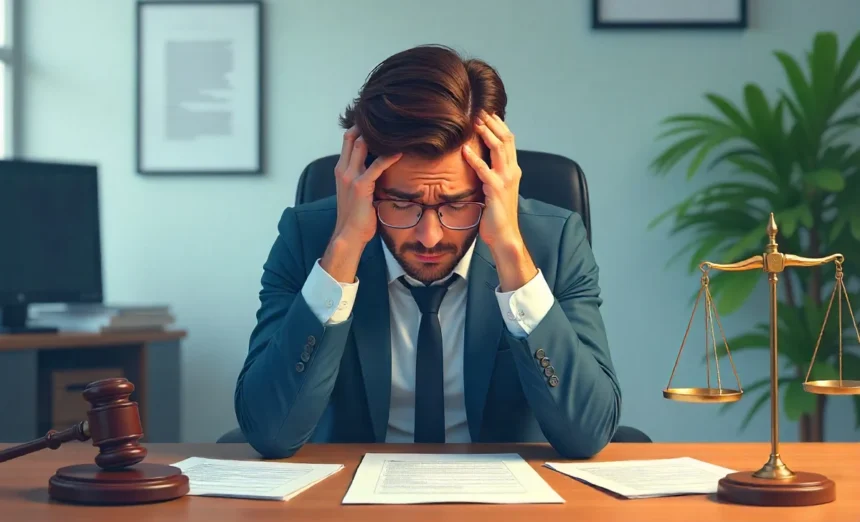 Stressed employee with legal documents representing how to sue for emotional distress after wrongful termination