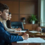 Teen Custody Choice consultation scene with teenager, parents, and attorney discussing custody preferences in law office