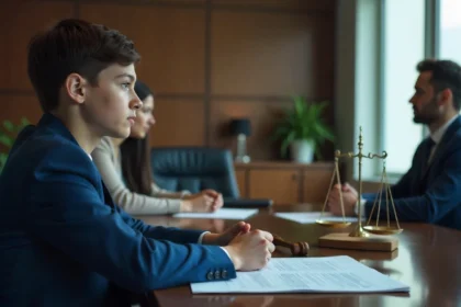 Teen Custody Choice consultation scene with teenager, parents, and attorney discussing custody preferences in law office