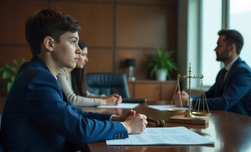 Teen Custody Choice consultation scene with teenager, parents, and attorney discussing custody preferences in law office