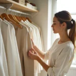 Woman organizing minimalist wardrobe with underconsumption fashion tips 2025 for sustainable clothing choices
