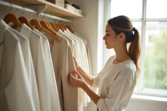 Woman organizing minimalist wardrobe with underconsumption fashion tips 2025 for sustainable clothing choices