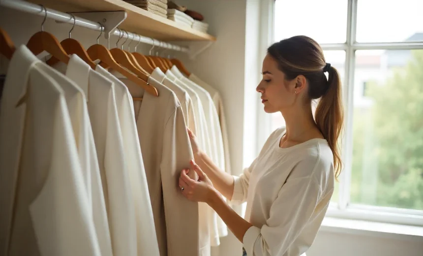 Woman organizing minimalist wardrobe with underconsumption fashion tips 2025 for sustainable clothing choices