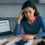 Parent reviewing unpaid child support documents with legal enforcement papers and calculator on desk