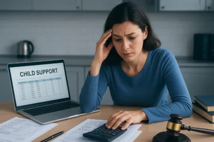 Parent reviewing unpaid child support documents with legal enforcement papers and calculator on desk