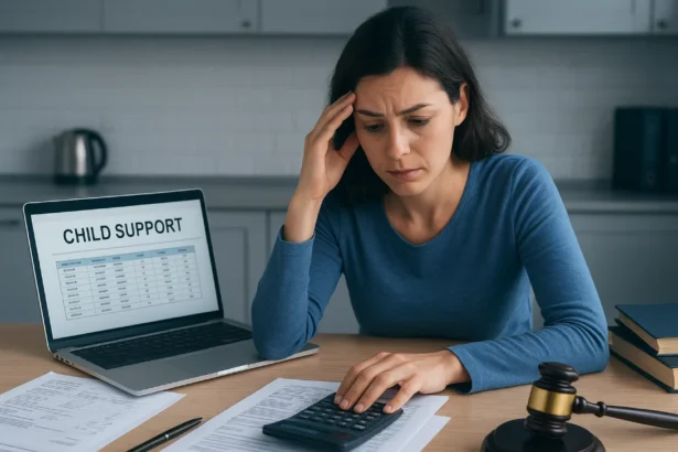 Parent reviewing unpaid child support documents with legal enforcement papers and calculator on desk