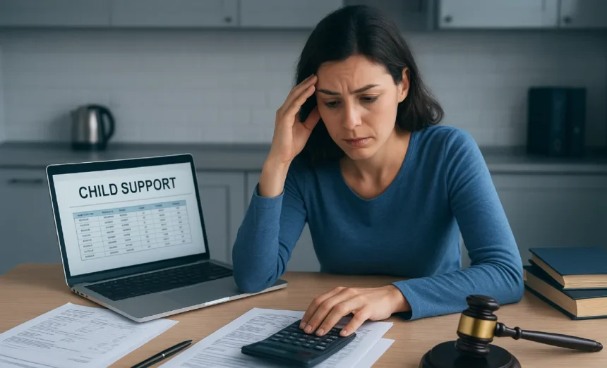 Parent reviewing unpaid child support documents with legal enforcement papers and calculator on desk