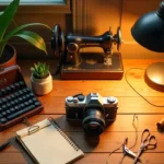 Vintage hobby gear including film camera, sewing machine, craft tools arranged on wooden desk for budget hobbyists