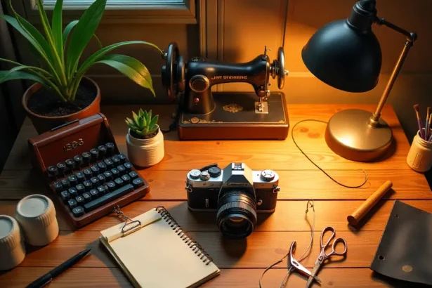 Vintage hobby gear including film camera, sewing machine, craft tools arranged on wooden desk for budget hobbyists