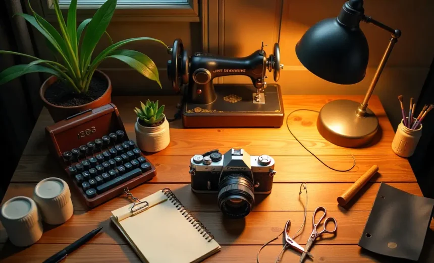Vintage hobby gear including film camera, sewing machine, craft tools arranged on wooden desk for budget hobbyists